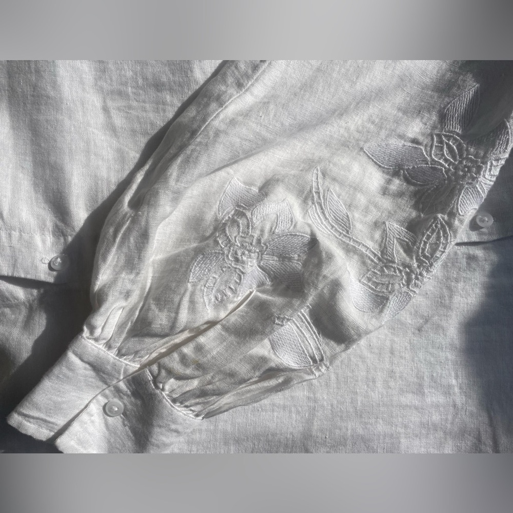 Club Monaco Linen Embroidered Blouson Sleeve Top XS White Minimalist Romantic - Picture 7 of 10